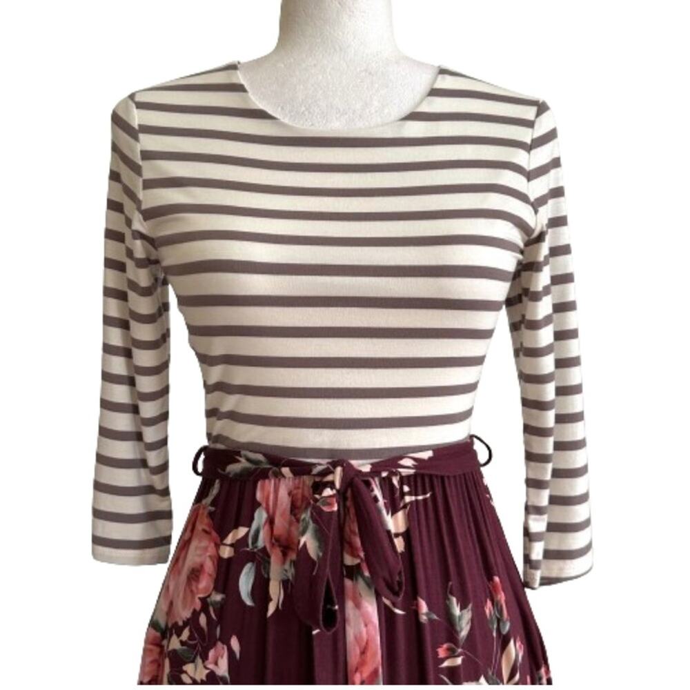 Lux & Co Bernice 2fer Knit Burgundy Tan Stripe Floral Pockets Maxi Dress XS NEW - Picture 4 of 13